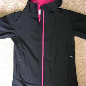 black and pink Columbia winter coat